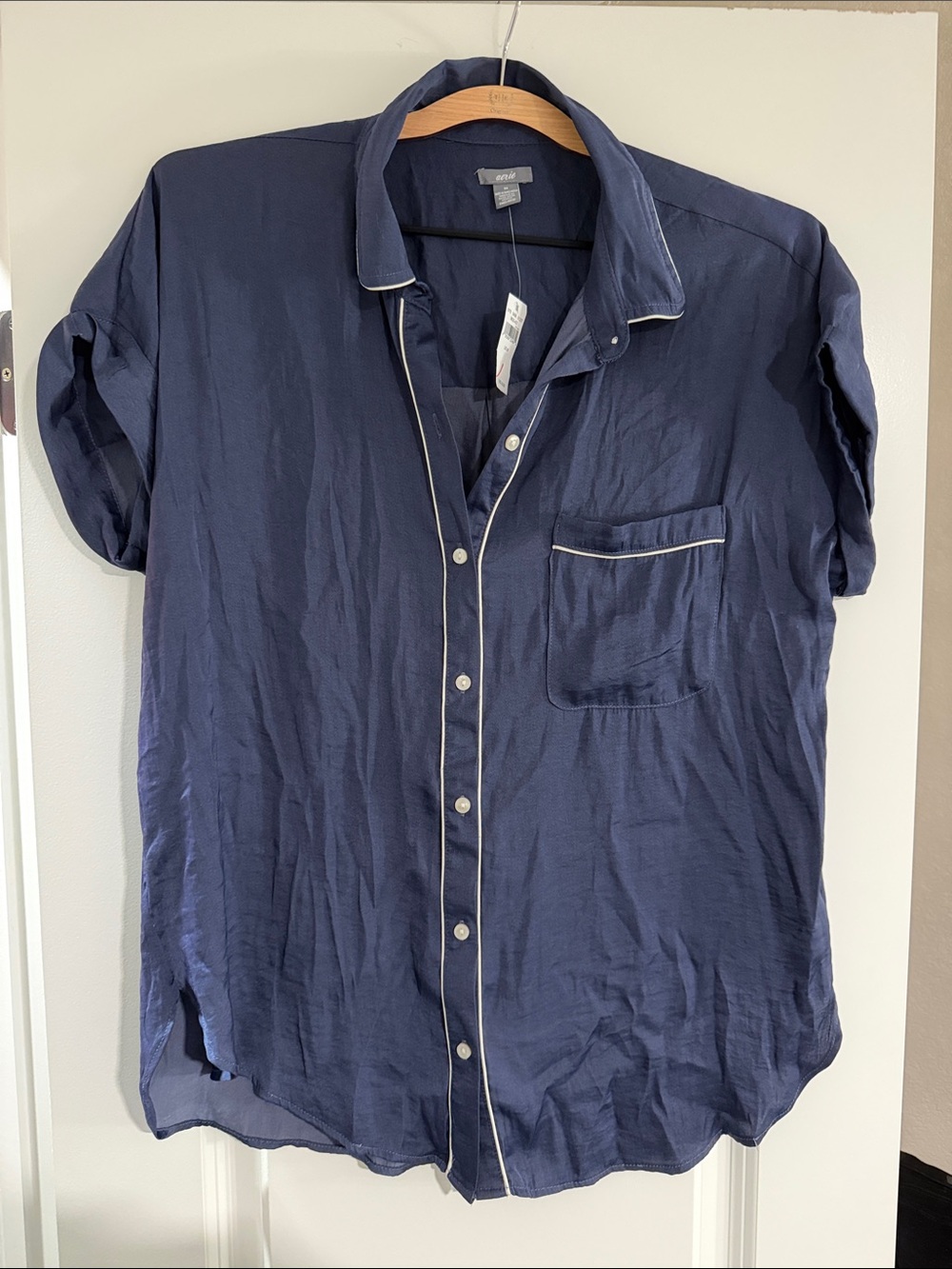 aerie Navy Short-Sleeve Pajama Top with White Piping